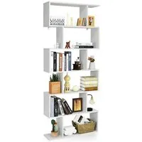 costway bibliothèque à 6 niveaux, 80 x 23 x 191 cm, étagère de rangement en forme de s avec coussinets antidérapants, blanc