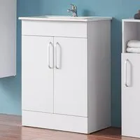 meuble de salle de bain 60 cm, meuble sous lavabo avec vasque en céramique, deux portes, blanc