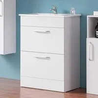 meuble de salle de bain 60 cm, meuble sous lavabo avec vasque en céramique, deux tiroirs, blanc