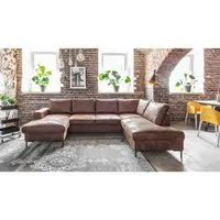canapé panoramique lilly - style vintage industriel - angle droit - bestmobilier - 304 cm - 8 places - marron