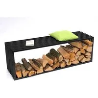 banc de bois de chauffage d-style 150cm avec étagère pour cheminée - dandibo - noir - métal