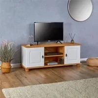 meuble tv belfort banc télévision de 134 cm en bois style campagne avec 2 portes et 2 niches, en pin massif lasuré blanc et brun