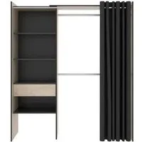 armoire dressing extensible avec rideau + 1 tiroir coloris naturel-graphite - longueur 110-160 x hauteur 203 x profondeur 50 cm