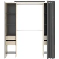 armoire dressing extensible avec rideau + 4 tiroirs coloris naturel-graphite - longueur 100-180 x hauteur 203 x profondeur 50 cm