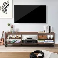 costway meuble tv moderne avec roues verrouillables téléviseur jusqu'à 140 cm (55''), étagères de rangement ouverts pour tv, marron