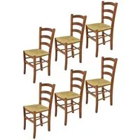 tommychairs - set 6 chaises cuisine venice, robuste structure en bois de hêtre peindré en couleur noyer clair et assise en paille
