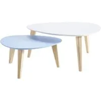 table basse gigogne contemporaine blanc et bleu - demeyere - stone - pieds en bois pin - l 60 - 80 cm