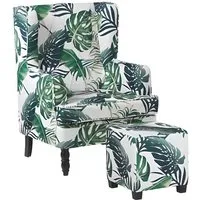 beliani - fauteuil bergère en tissu blanc motif feuilles avec repose-pieds assorti sandset