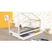 weber lit cabane enfant avec tiroir - bois pin massif - blanc - sommier inlcus - 90x190cm - koala