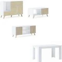 ensemble wind, salon, buffet-meuble tv-table basse-table fixe, couleur blanc, portes et tiroirs couleur chêne, rf937