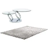 ensemble table basse plateau pivotant transparent joline et tapis shaggy gris maze
