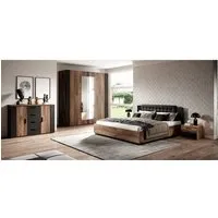 chambre à coucher complète fox : lit coffre 160x200, armoire, commode et chevets. couleur chêne foncé et noir marron