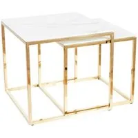 tables d'appoint - ac-déco - lot de 2 tables gigognes en verre effet marbre et inox - blanc et doré - carré
