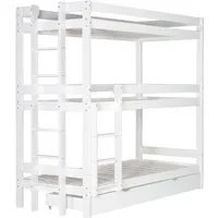 lit superposé triple 90x200 en bois blanc - homestyle4u - avec tiroirs - dimensions 205x103x203cm