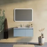 meuble de salle de bain bleu mat de 100 cm, lavabo en céramique, miroir | monaco