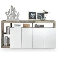 buffet, meuble de rangement 4 portes coloris blanc brillant - poirier - longueur 184 x hauteur 93 x profondeur 42 cm