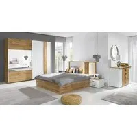chambre à coucher complète wood chêne et blanc. lit coffre + armoire + commode + 2 chevets 160 marron - bois