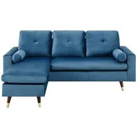 canapé d'angle fixe réversible - 3 places - tissu bleu - pieds bois et doré - l 194 x p 139 x h 83 - new york