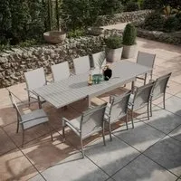 table de jardin extensible aluminium 135/270cm + 10 fauteuils empilables textilène gris - andra