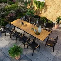 table de jardin extensible aluminium noir 200/300cm + 10 fauteuils empilables textilène - marceau