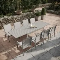 table de jardin extensible aluminium 135/270cm + 8 fauteuils empilables textilène gris - andra