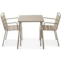 ensemble table de jardin et 2 fauteuils empilables - oviala - palavas - acier thermolaqué - taupe
