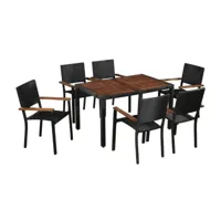 table rectangulaire et 6 chaises de jardin acacia foncé et résine tressée noir fly