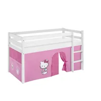 lit surélevé ludique jelle 90x190 cm hello kitty rose - lilokids - blanc laqué - avec rideaux