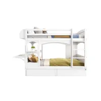 lit superposé pour enfants en bois massif 90x200cm avec bureau pliant,étagère，échelle d'escalade et 2 tiroirs,sans matelas,blanc