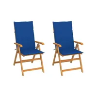 chaises de jardin 2 pcs avec coussins bleu royal bois de teck
