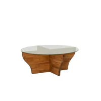 table basse design ronde rozine d92cm bois massif foncé et verre transparent