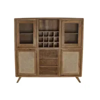 armoire vitrine porte bouteilles en bois acacia marron avec 3 tiroirs 4 portes et 3 étagères - largeur 160 x hauteur 153 x profondeur 41cm