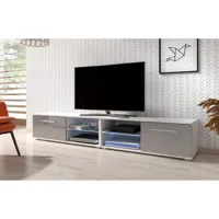 meuble banc tv - 200 cm - blanc mat / gris brillant  - avec led - style moderne moon double