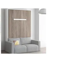 lit escamotable vertical 140x190 avec canapé tissu kimber-coffrage blanc-façade chocolat-canapé gris foncé