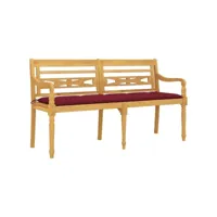 banc de jardin meuble de patio d'extérieur terrasse avec coussin rouge bordeaux 150cm bois teck massif helloshop26 02_0011091
