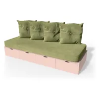 banquette cube 200 cm + futon + coussins  rose pastel banq200s-rp