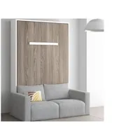lit escamotable vertical 90x190 avec canapé tissu kimber-coffrage noyer-façade chocolat-canapé gris clair