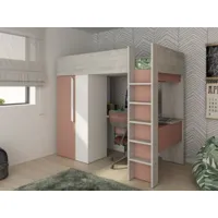 lit mezzanine nicolas - 90 x 200 cm - avec armoire et bureau - rose et blanc