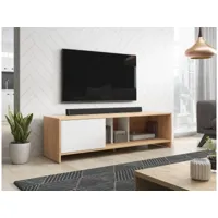 meuble banc tv - 140 cm - chêne wotan - blanc mat - style moderne sue