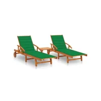 lot de 2 transats chaise longue bain de soleil lit de jardin terrasse meuble d'extérieur avec table et coussins acacia solide helloshop26 02_0012108