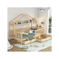 lit cabane enfant 90x200cm avec 2 tiroirs et étagère, en bois massif