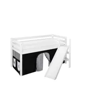 lit surélevé ludique jelle 90x200 cm pirate noir blanc laqué - lilokids - blanc laqué - avec toboggan incliné et rideaux