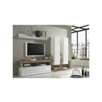 système mural de salon, meuble tv avec base, 2 éléments hauts et 1 étagère, salon moderne, made in italy, 277x35xh173 cm, couleur blanc et poire 8052773600323