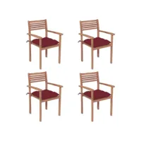 lot de chaises  de jardin 4 pièces avec coussins bordeaux teck solide