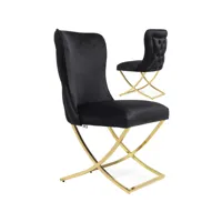 lot de 2 chaises de salle à manger design avec capitonnage à l'arrière revêtement en velours noir et piètement croisé en acier inoxydable doré collection kelvin viv-112742
