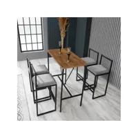 ensemble table et 4 chaises de bar koumo bois clair, métal noir et velours gris clair
