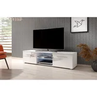 meuble banc tv - 140 cm - blanc mat / blanc brillant - avec led - style moderne moon