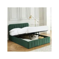 lit coffre 140x190 cm en velours vert avec tête de lit + sommier relevable à lattes - ava