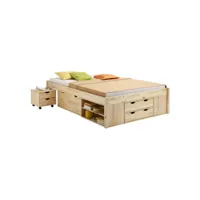 lit fonctionnel sabrina lit double pour enfant ou adulte en pin massif naturel, avec 2 tables de chevet et 4 tiroirs de rangements