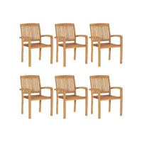 chaises de jardin empilables avec coussins 6 pièces teck solide